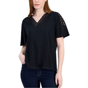 Style & Co. Elegant Black Lace Trim V-neck Cotton / Modal Blend Women's Top XXL